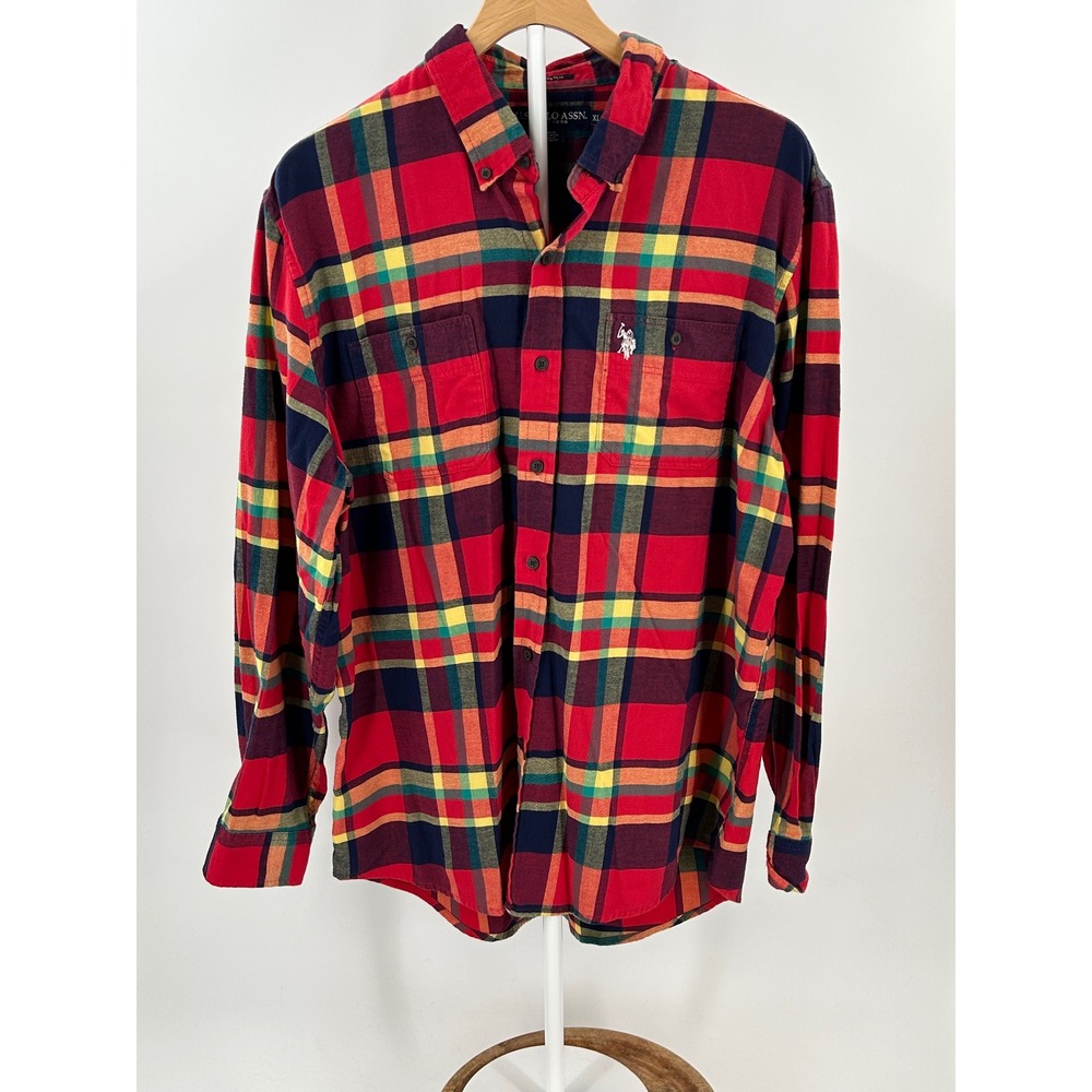 US Polo Assn Mens XL Plaid Button Down Shirt Red Yellow Navy Blue Stretch‎ L/S
